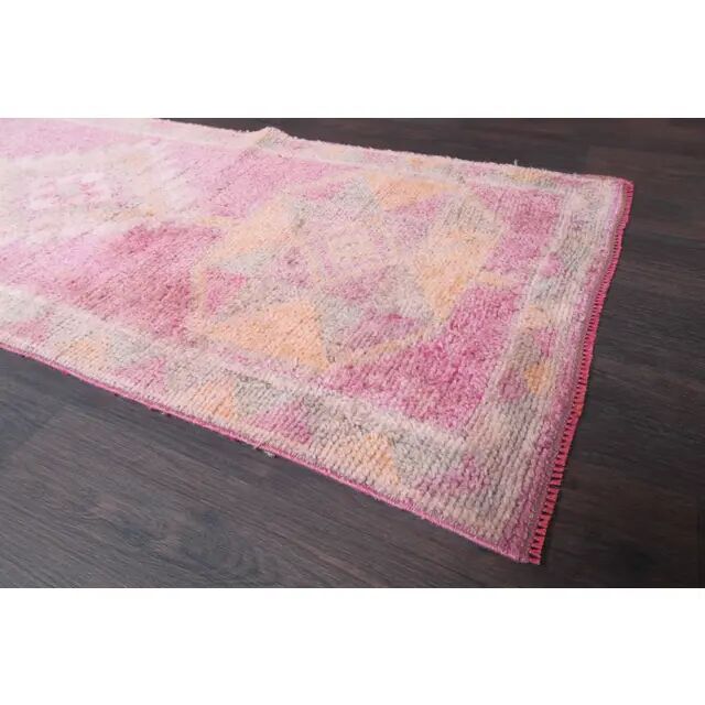 Vintage Turkish Hand-Knotted Wool Cotton Pink Runner Rug 80x365