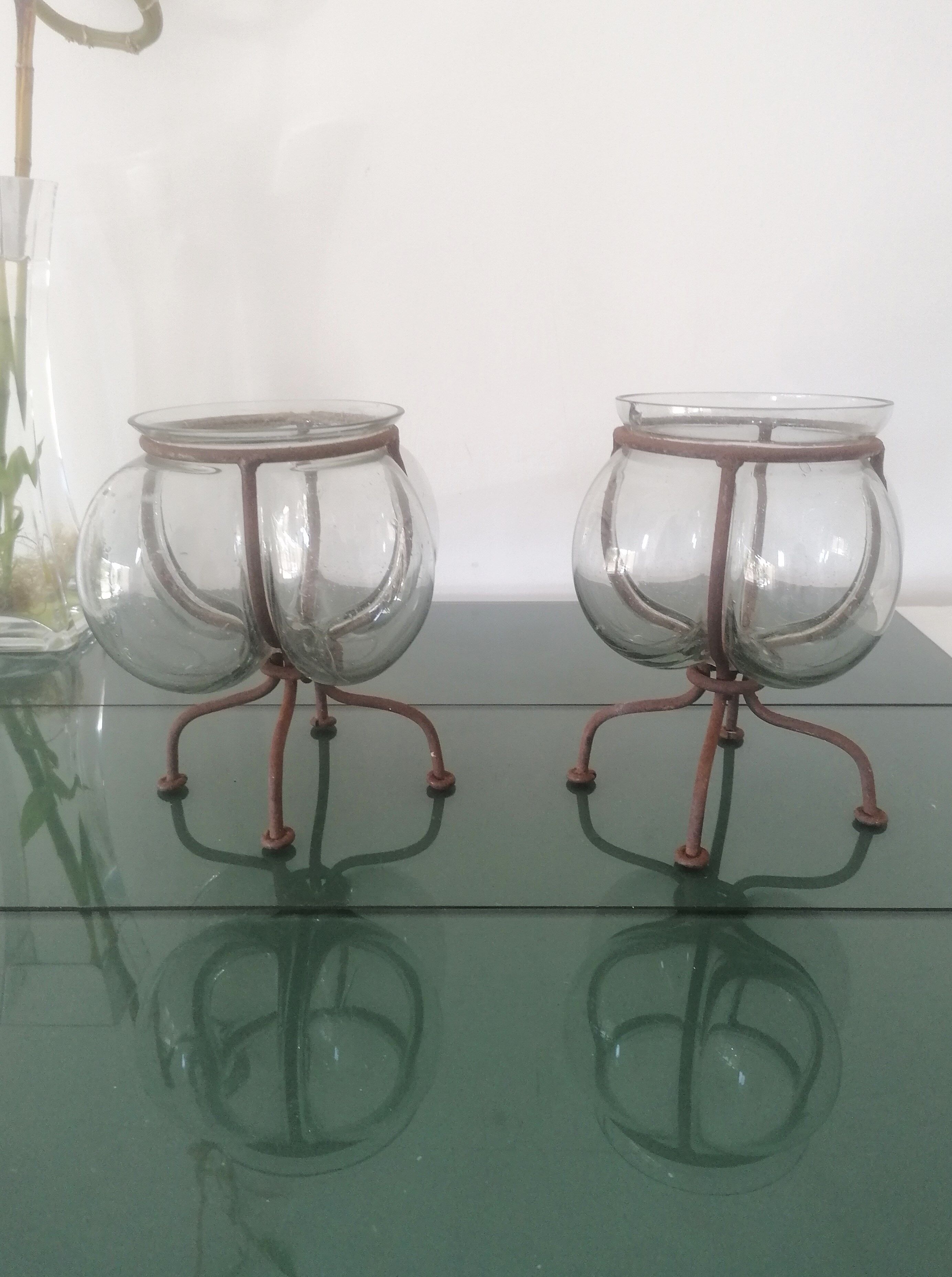 Vases / photophores ''Venetian'' Blown glass inking wrought iron - 1940s
