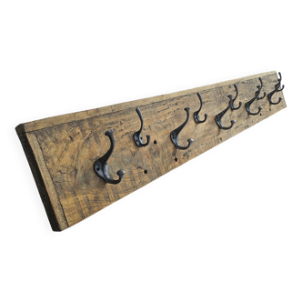 Teak coat rack with 10 double cast iron hooks