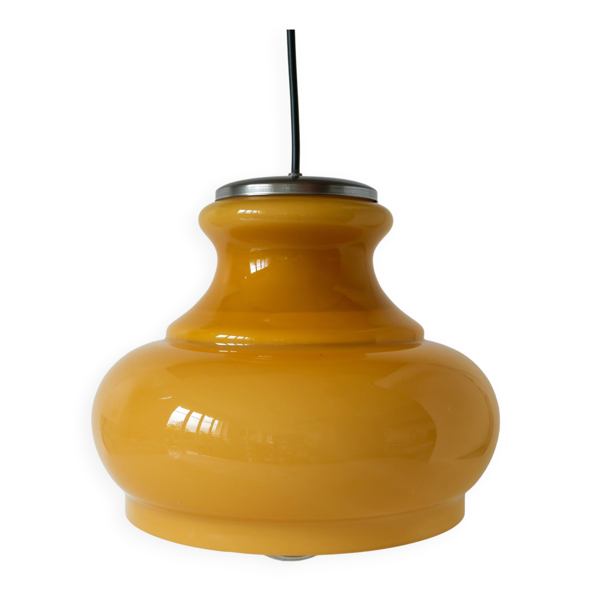 Yellow opaline pendant light with metal arc, Design, 1970