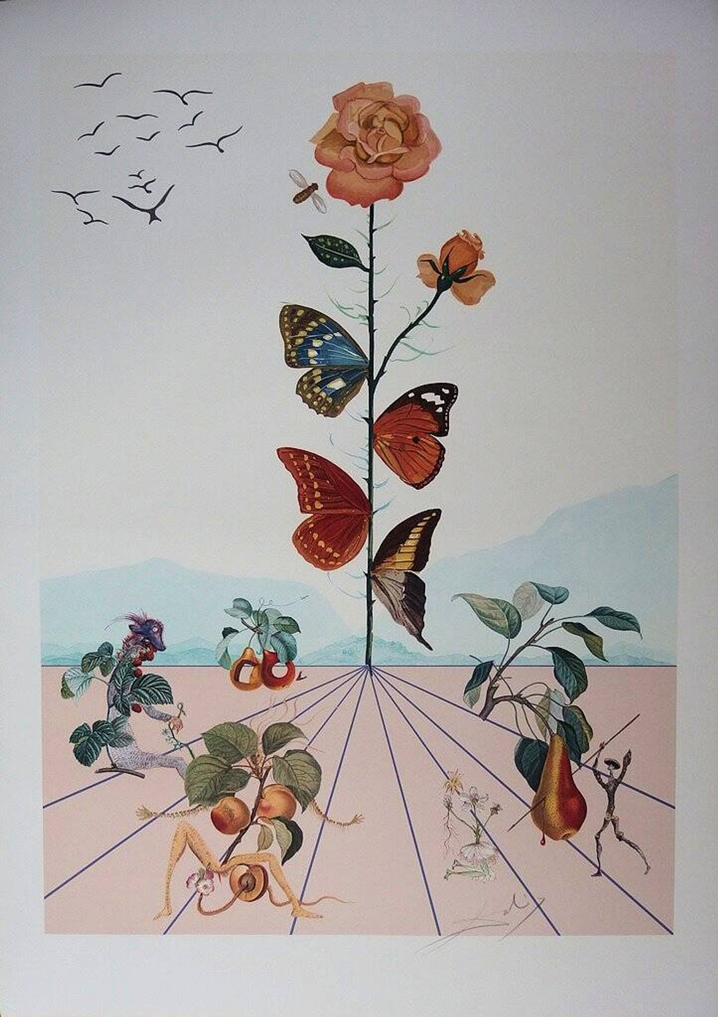Salvador Dali : Flordali II, La rose papillon - Lithographie originale signée
