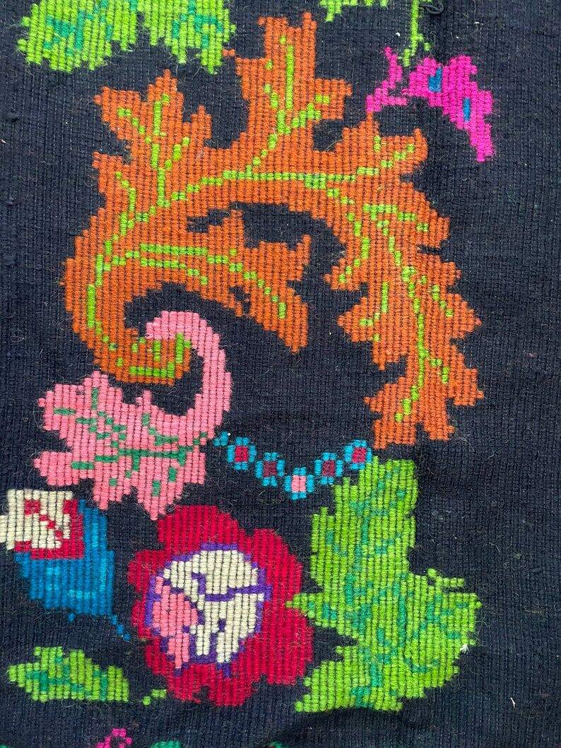 Romanian wool vintage carpet floral design and brown leaves