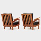 Ensemble de deux fauteuils lounge vintage en cuir noir et structure en chêne, 1960-70