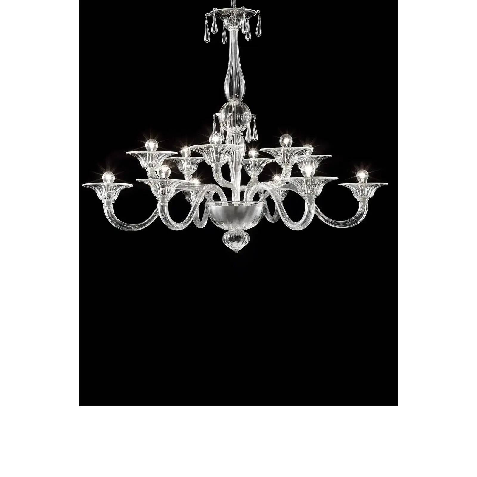 Chandelier en verre de Murano vénitien transparent de luxe
