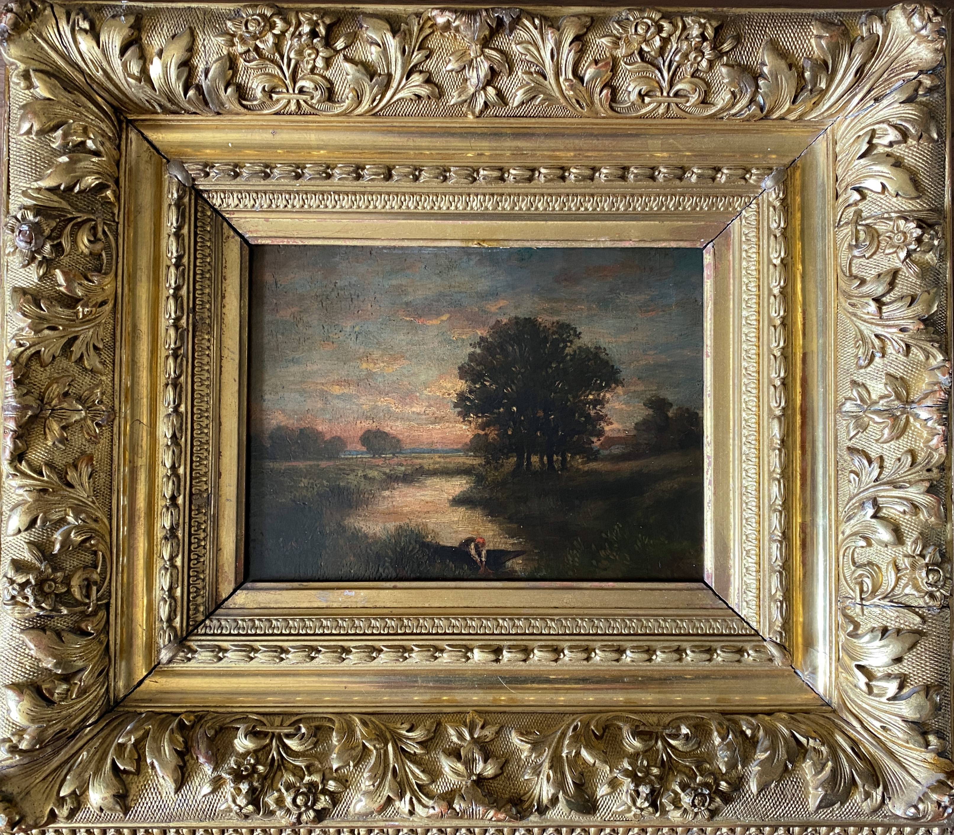 Painting "Landscape with washerwoman" cf. Théodore Rousseau XIX° + frame