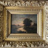 Painting "Landscape with washerwoman" cf. Théodore Rousseau XIX° + frame