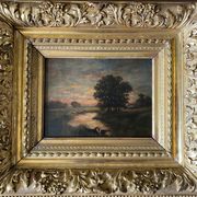 Painting "Landscape with washerwoman" cf. Théodore Rousseau XIX° + frame