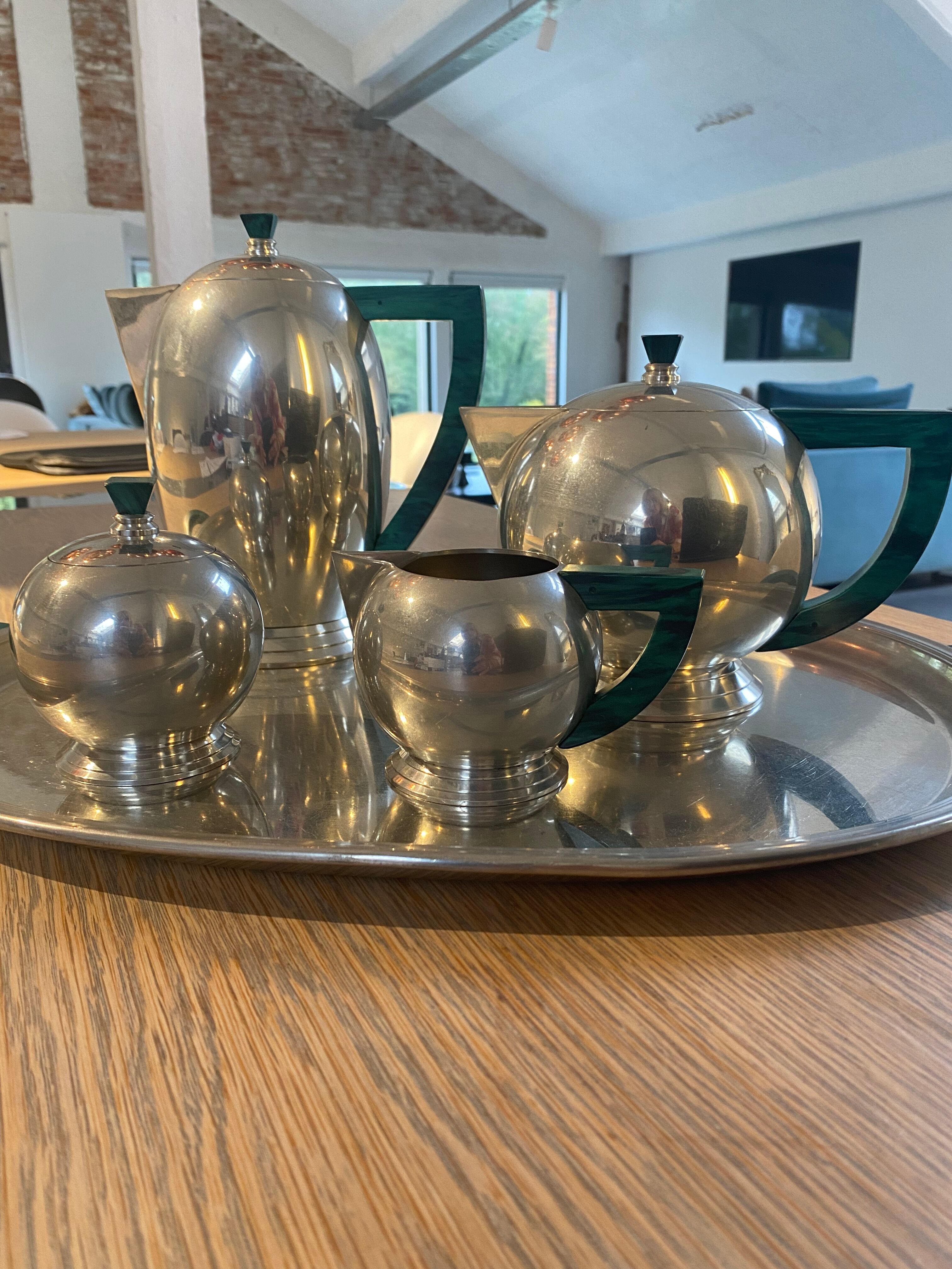 Tea service and coffee art deco handmade, solid tin and malachite