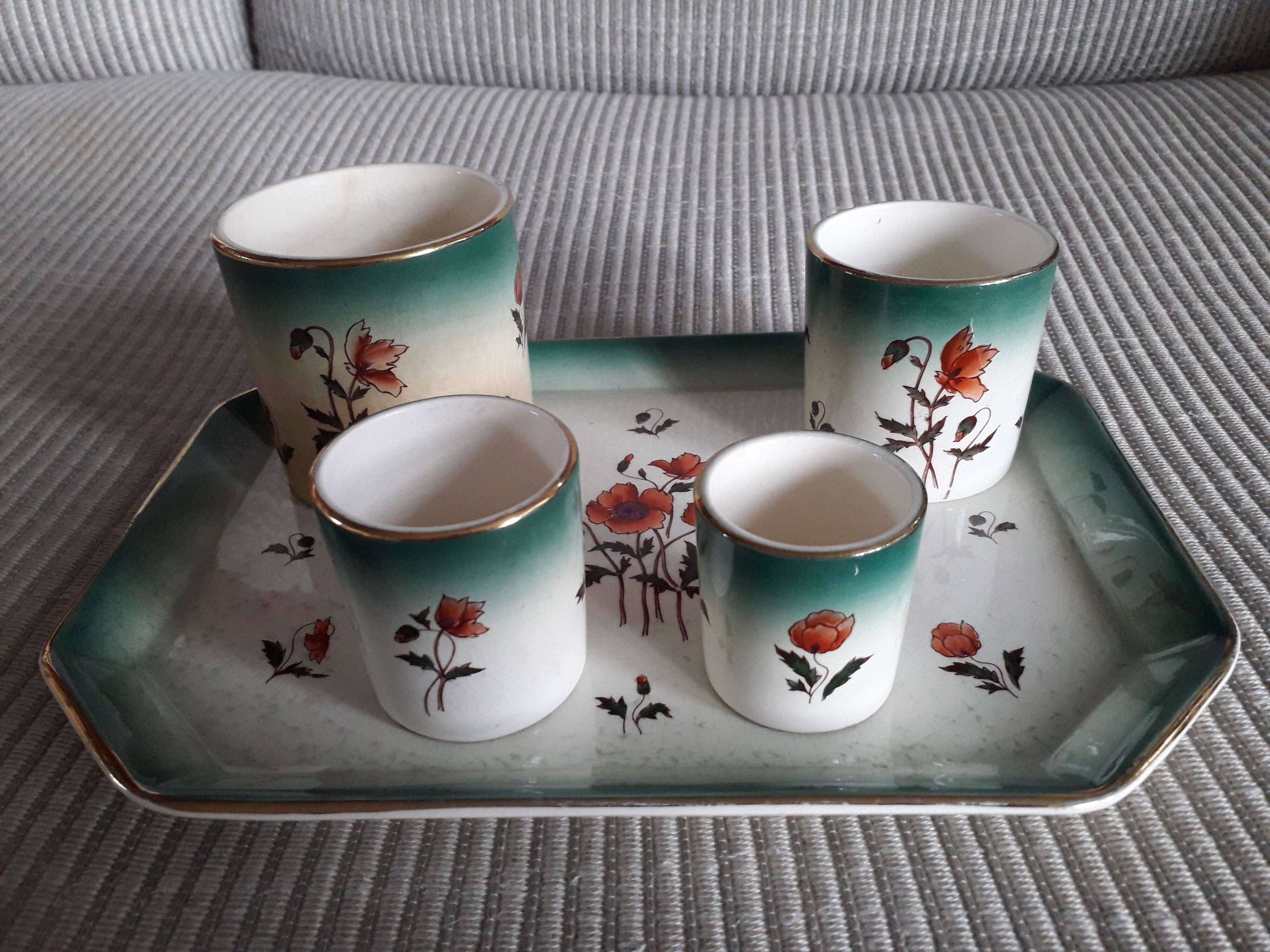Tray with its 4 vintage cups from the Fives Lille faience factory