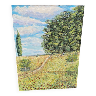 Canvas signed Hebert rural landscape gouache