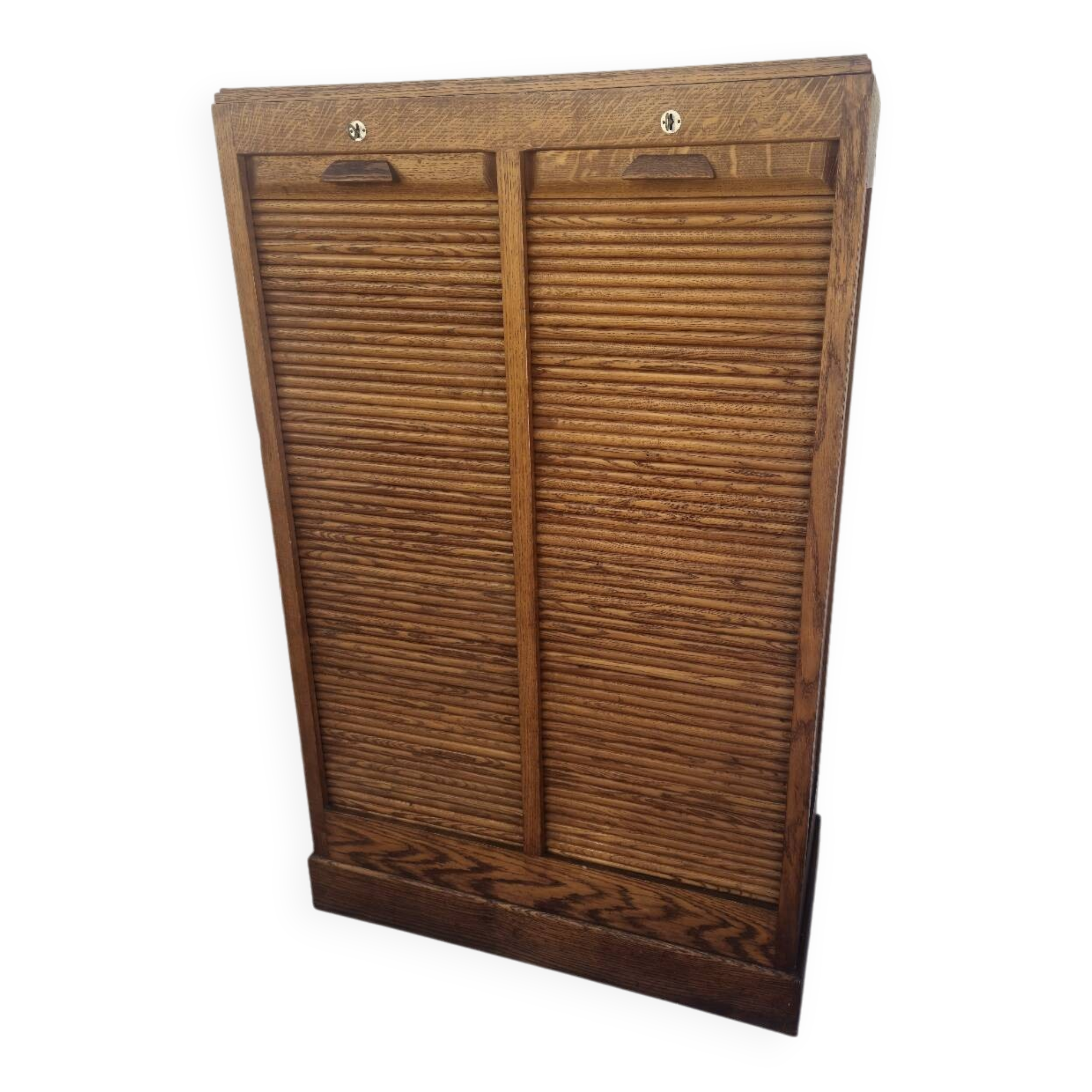 Antique 1950s double sliding door filing cabinet with curtains