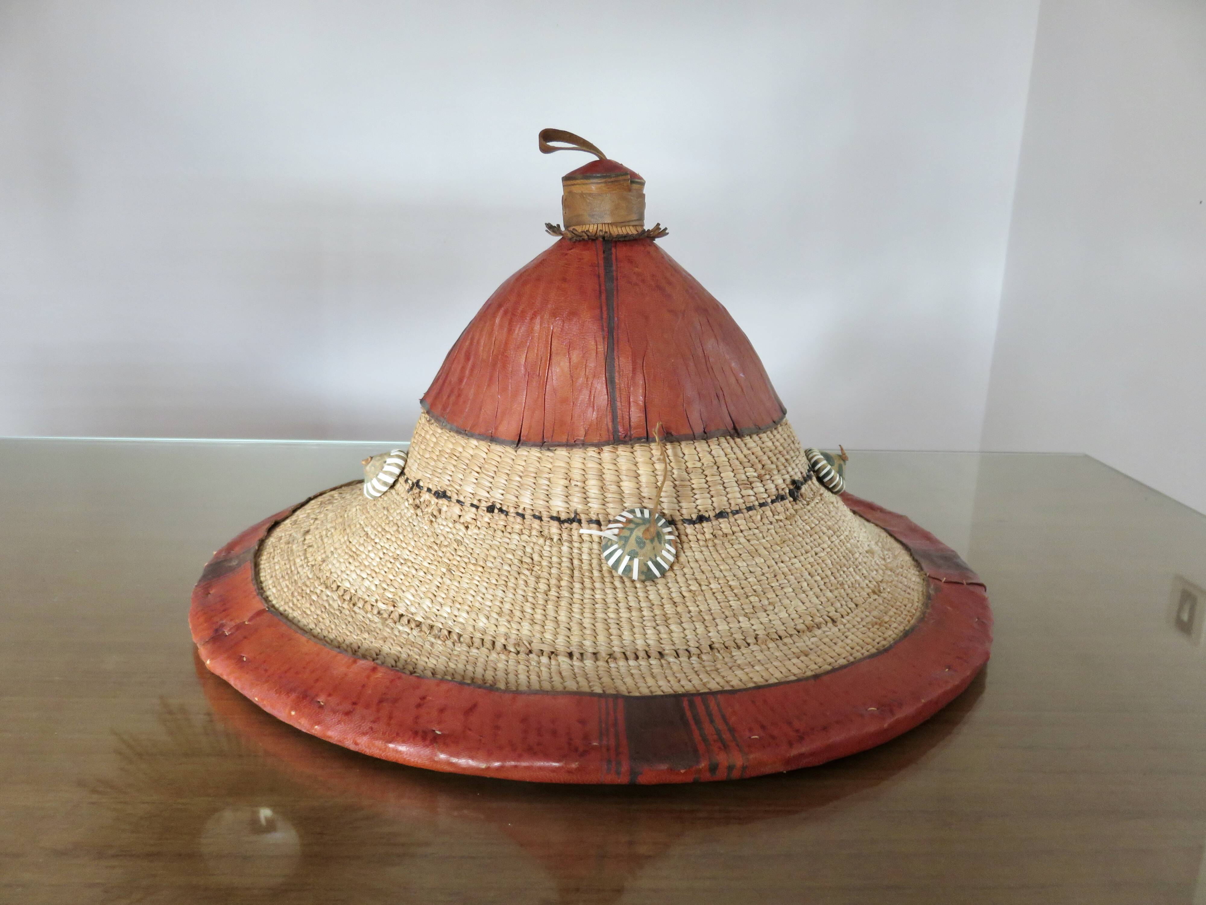 African conical hat, Fulani, in leather and braided rope, 1900