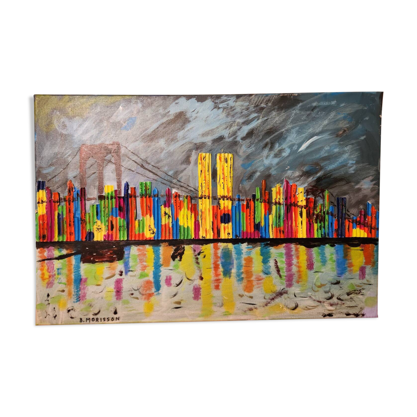 Mixed media canvas painting New York by B Morisson