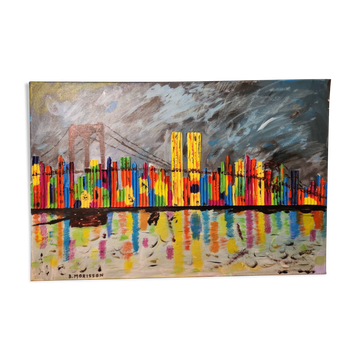 Mixed media canvas painting New York by B Morisson