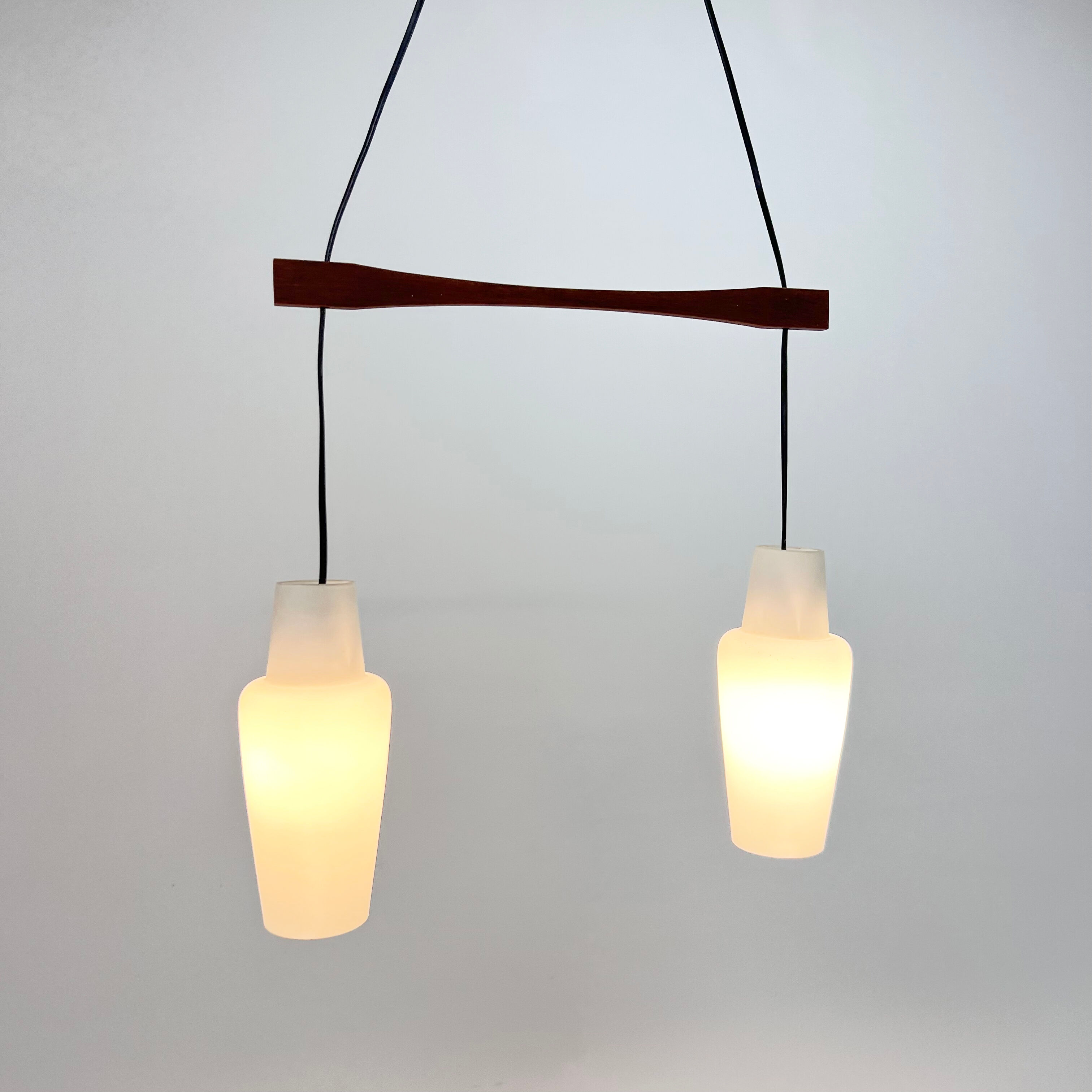 Danish Teak and White Glass Hanging Lamp, 1950s