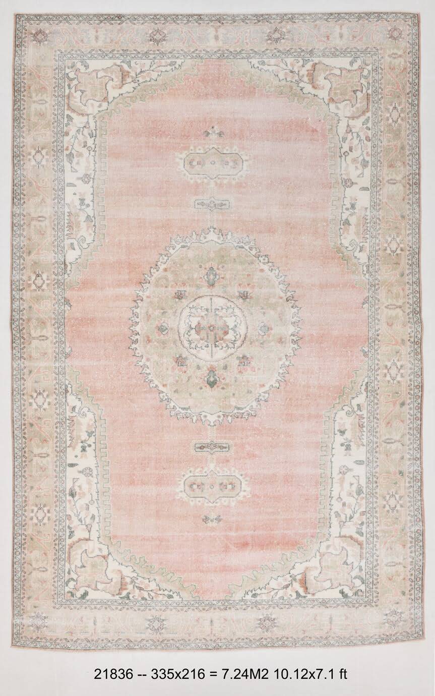 Pale Red & Pink Turkish Vintage Rug, Large Handmade Wool Rug, 216x335Cm