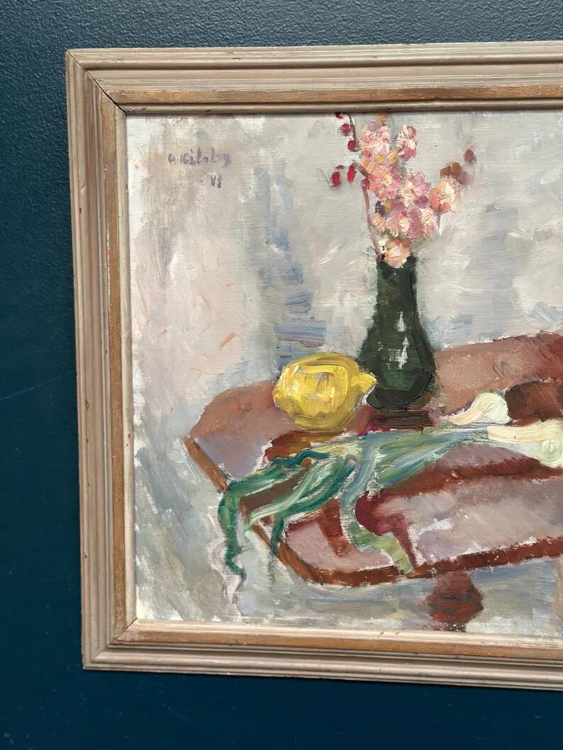 Original Swedish Oil on Panel – "Vase and Vegetables" by Arne Kilsby – Signed – Vintage and Framed – 54 × 46 cm (21.3" × 18.1")