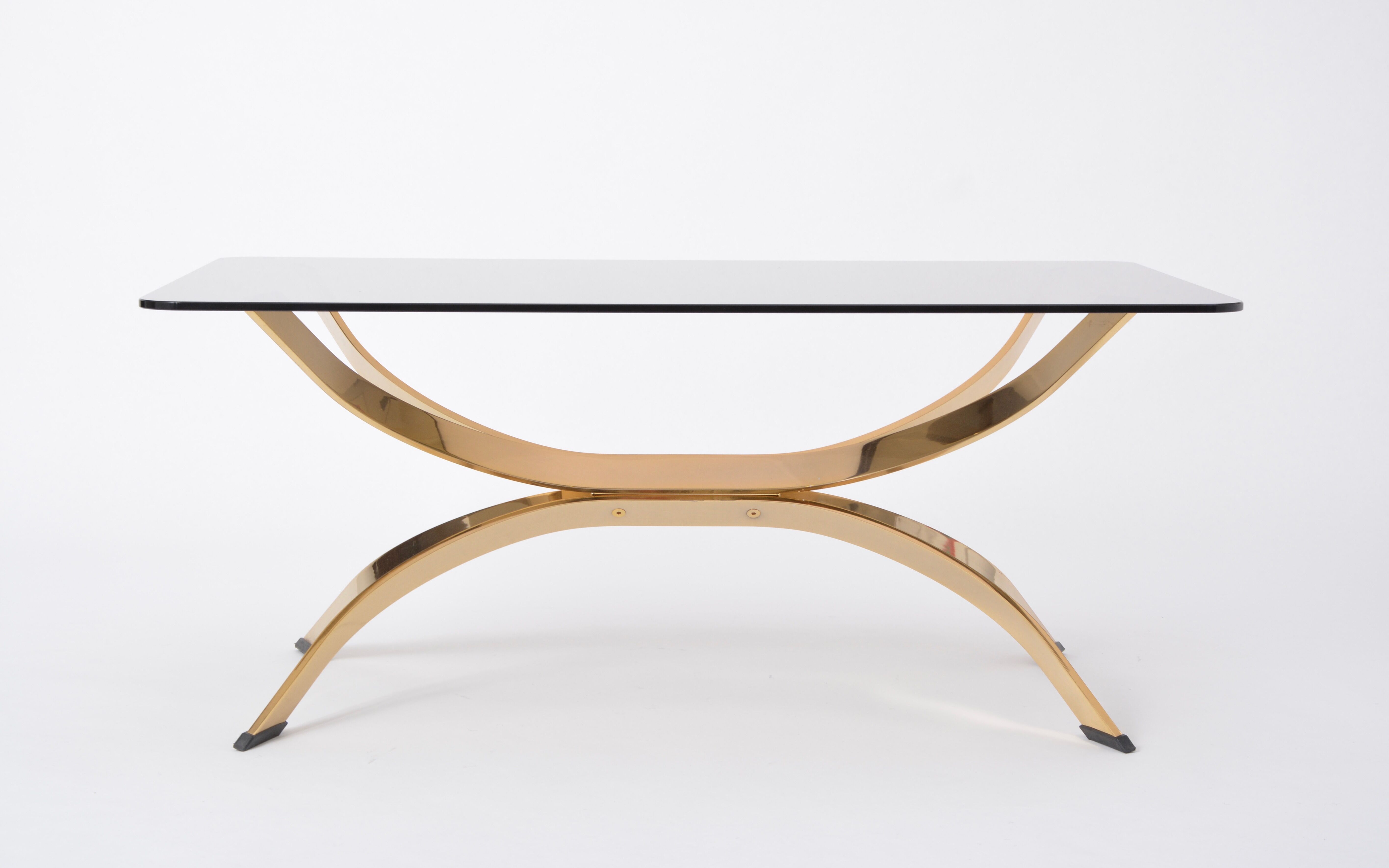 Gold Colored Mid-Century Modern coffee table with smoked Glass top