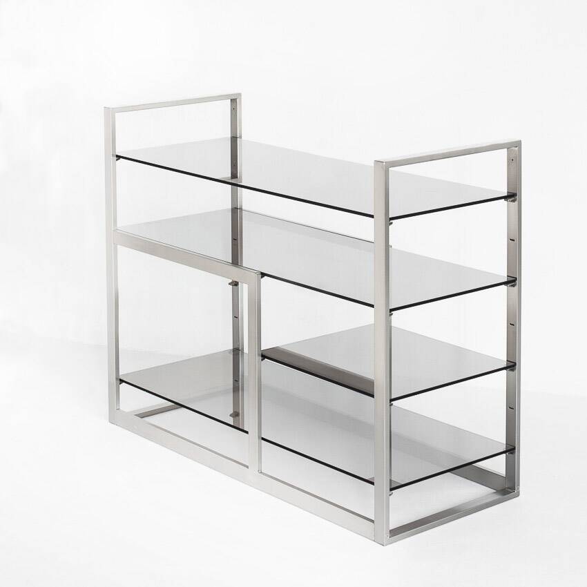 Vintage TV or HiFi cabinet. Brushed stainless steel and smoked glass. France, 1970s