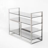 Vintage TV or HiFi cabinet. Brushed stainless steel and smoked glass. France, 1970s