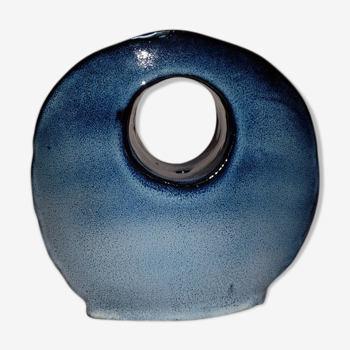 Vintage and original vase soliflore in blue glazed ceramic degraded