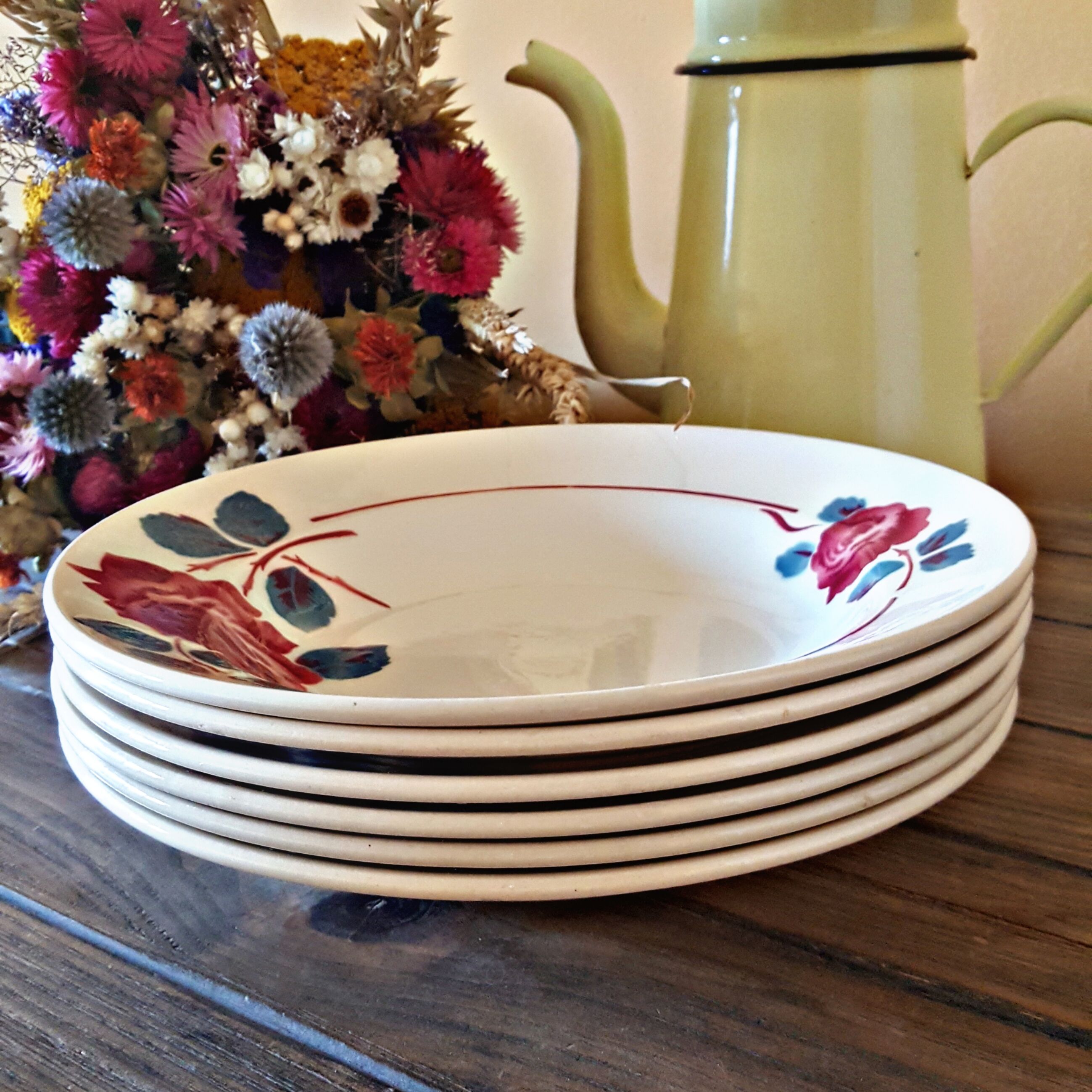 6 hollow Plates Badonviller porcelain floral pattern (roses)