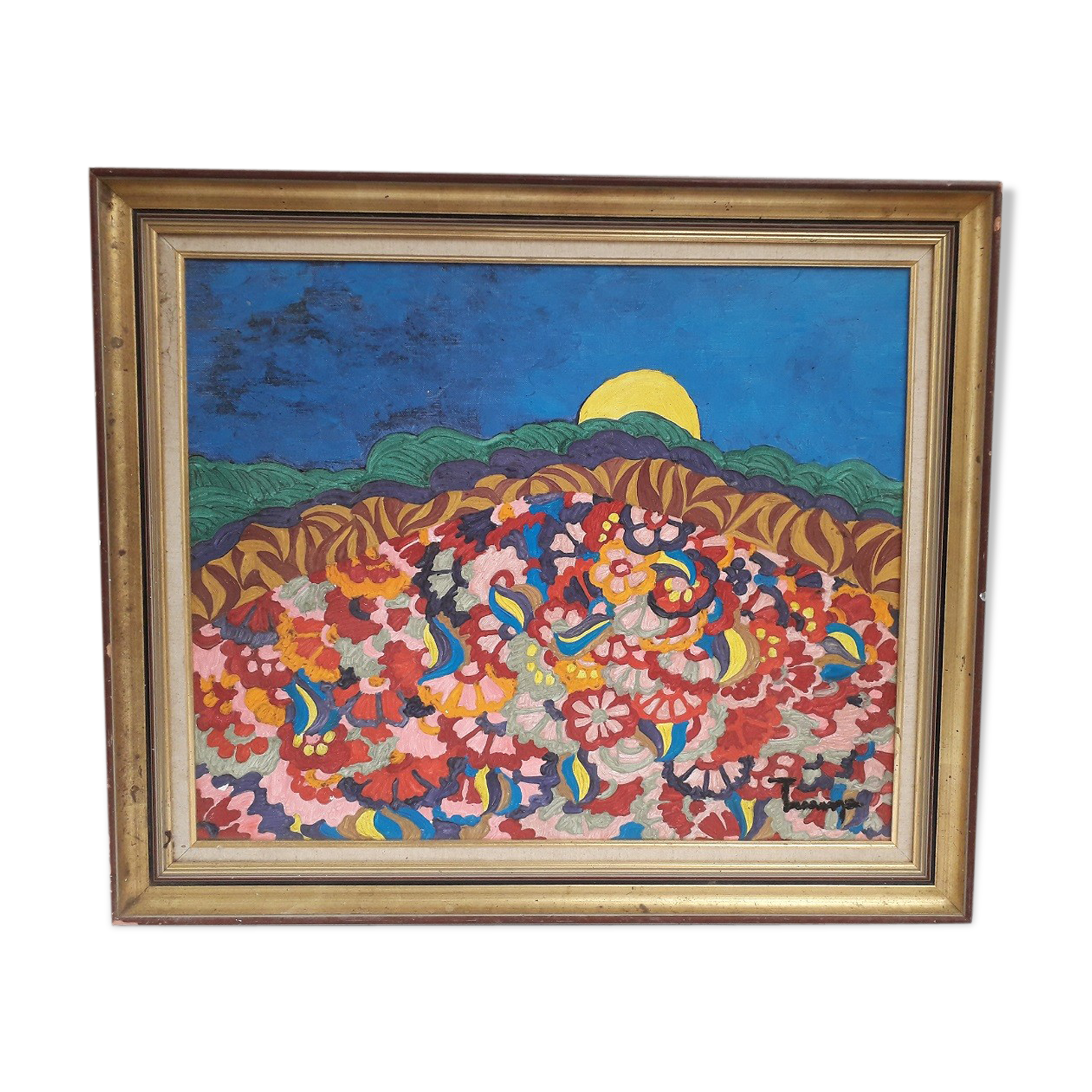 Old oil painting on canvas stamped from the 70s