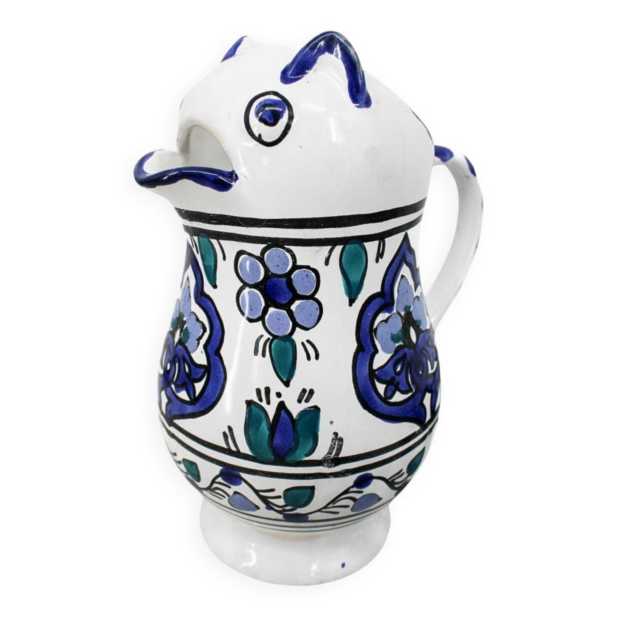 Vintage blue and green ceramic cat-shaped jug carafe