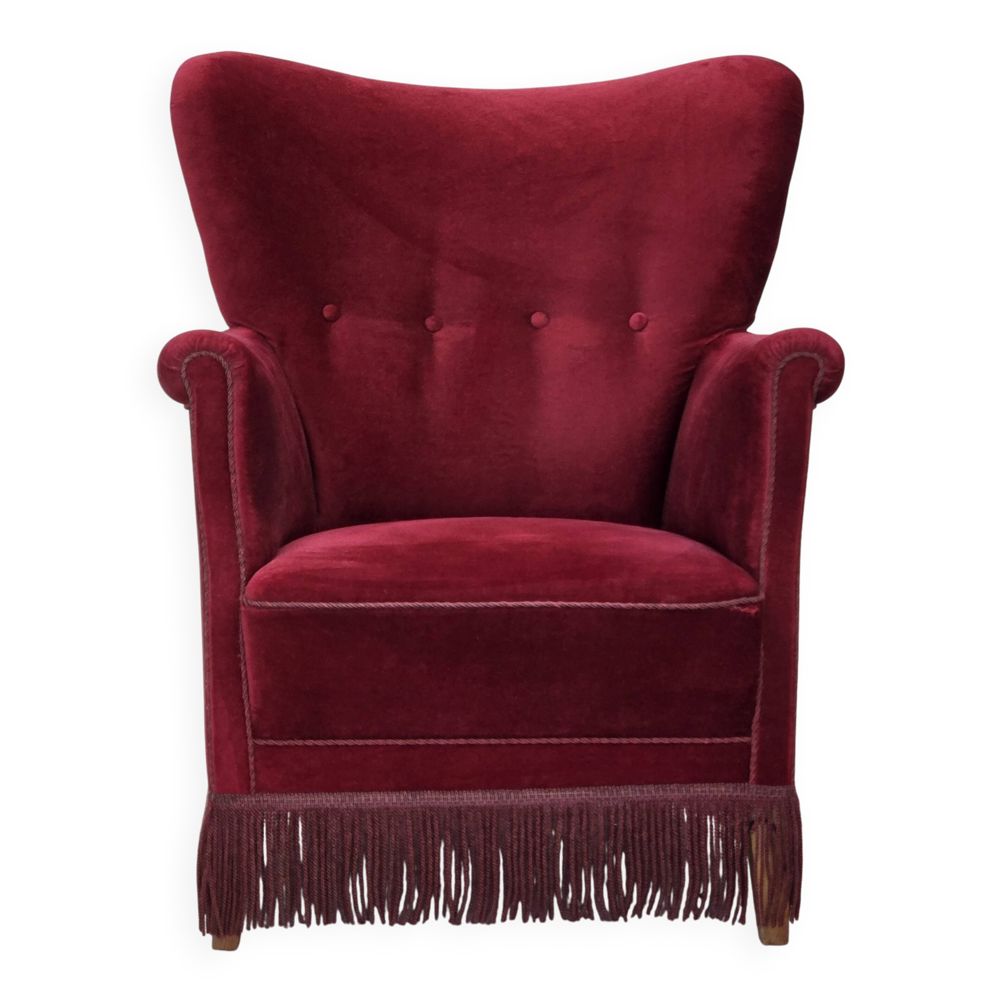 1970s, Danish armchair, cherry-red furniture velour, oak wood legs.