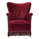 Fauteuil danois des années 1970, velours de mobilier rouge cerise, pieds en bois de chêne.