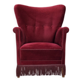 1970s, Danish armchair, cherry-red furniture velour, oak wood legs.