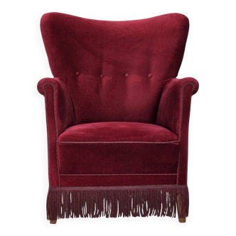 1970s, Danish armchair, cherry-red furniture velour, oak wood legs.