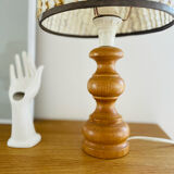 Vintage foot light wood table lamp and wool lampshade