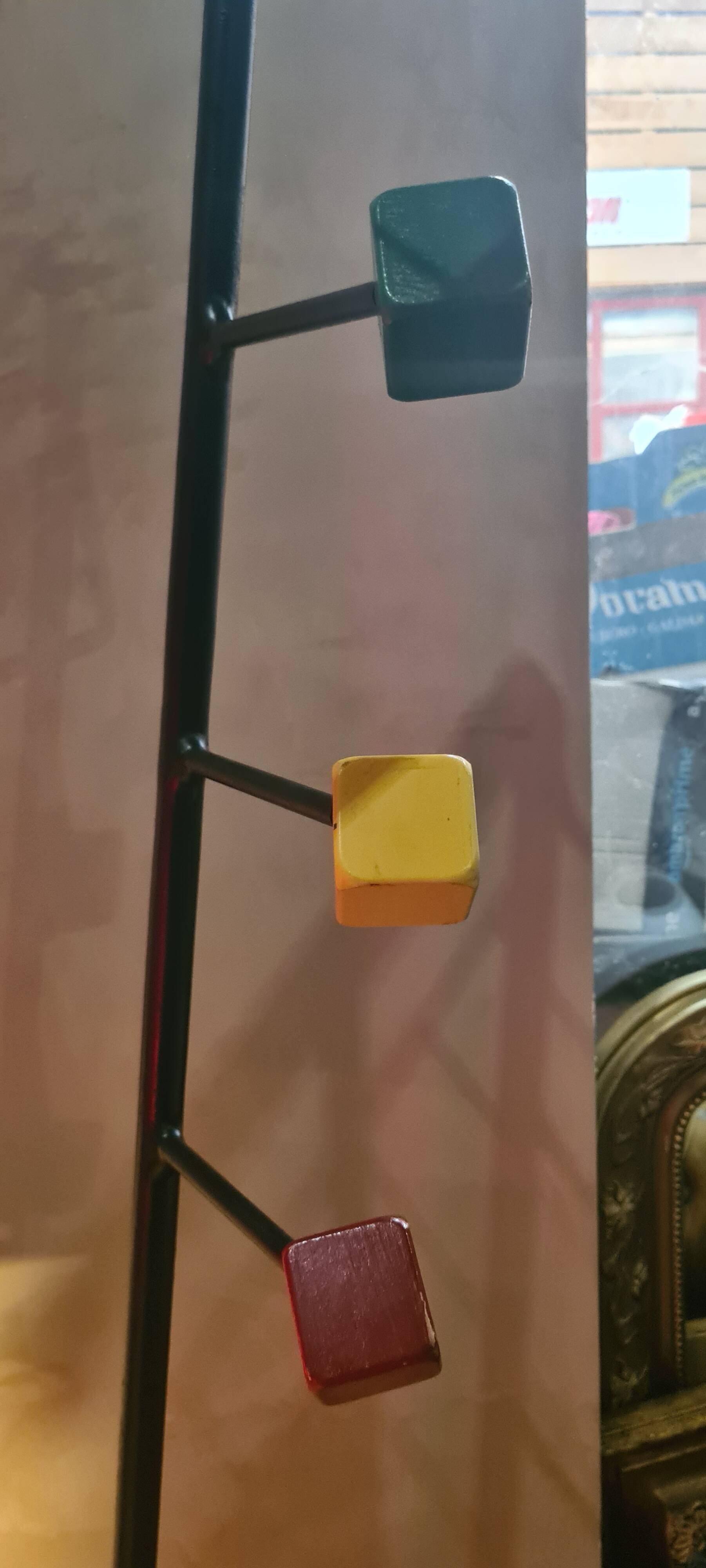 1950s metal and wood wall coat rack with mirror and umbrella stand