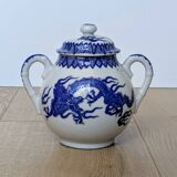 Porcelain sugar bowl with cobalt blue five-clawed dragon decor - Japan
