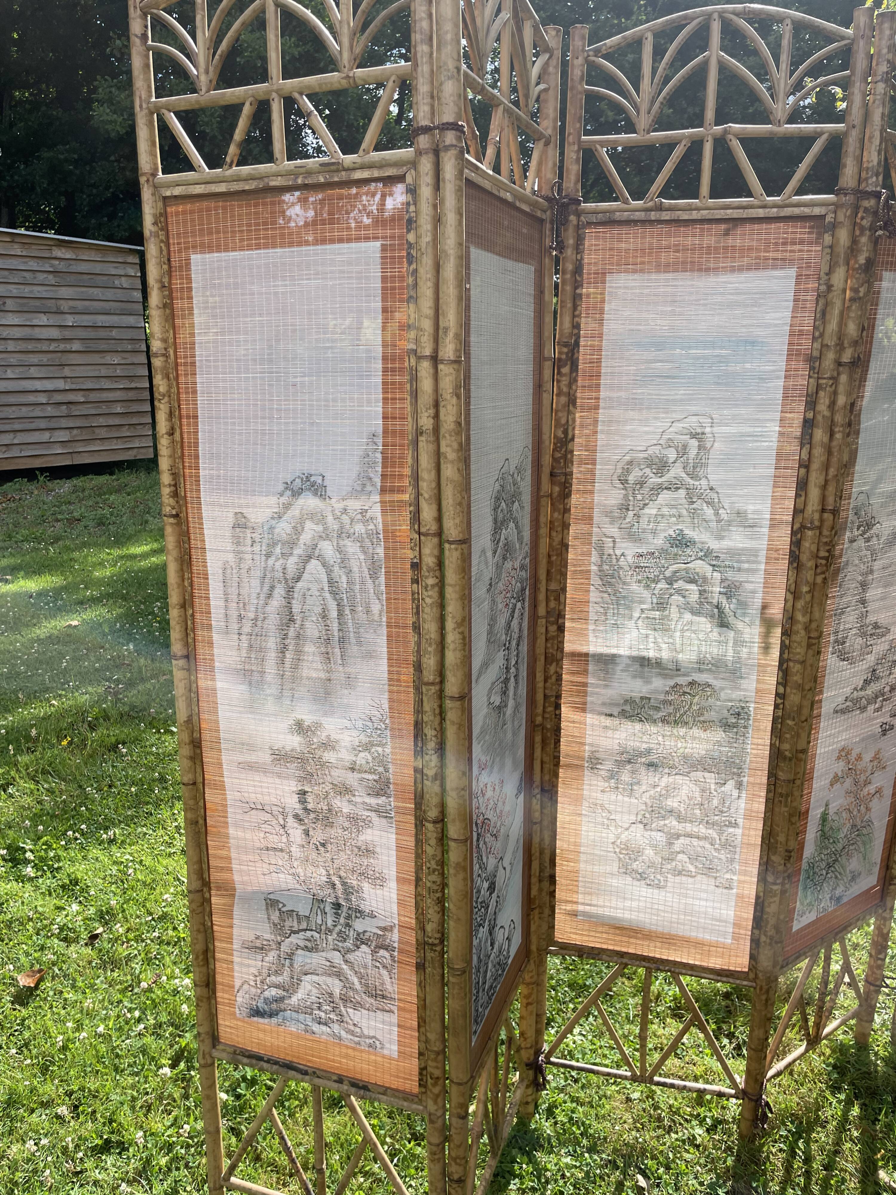 Vintage bamboo and rattan screen, 1970s