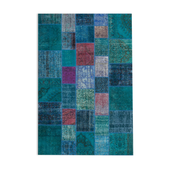 Tapis oriental contemporain 204 cm x 300 cm turquoise patchwork fait à la main