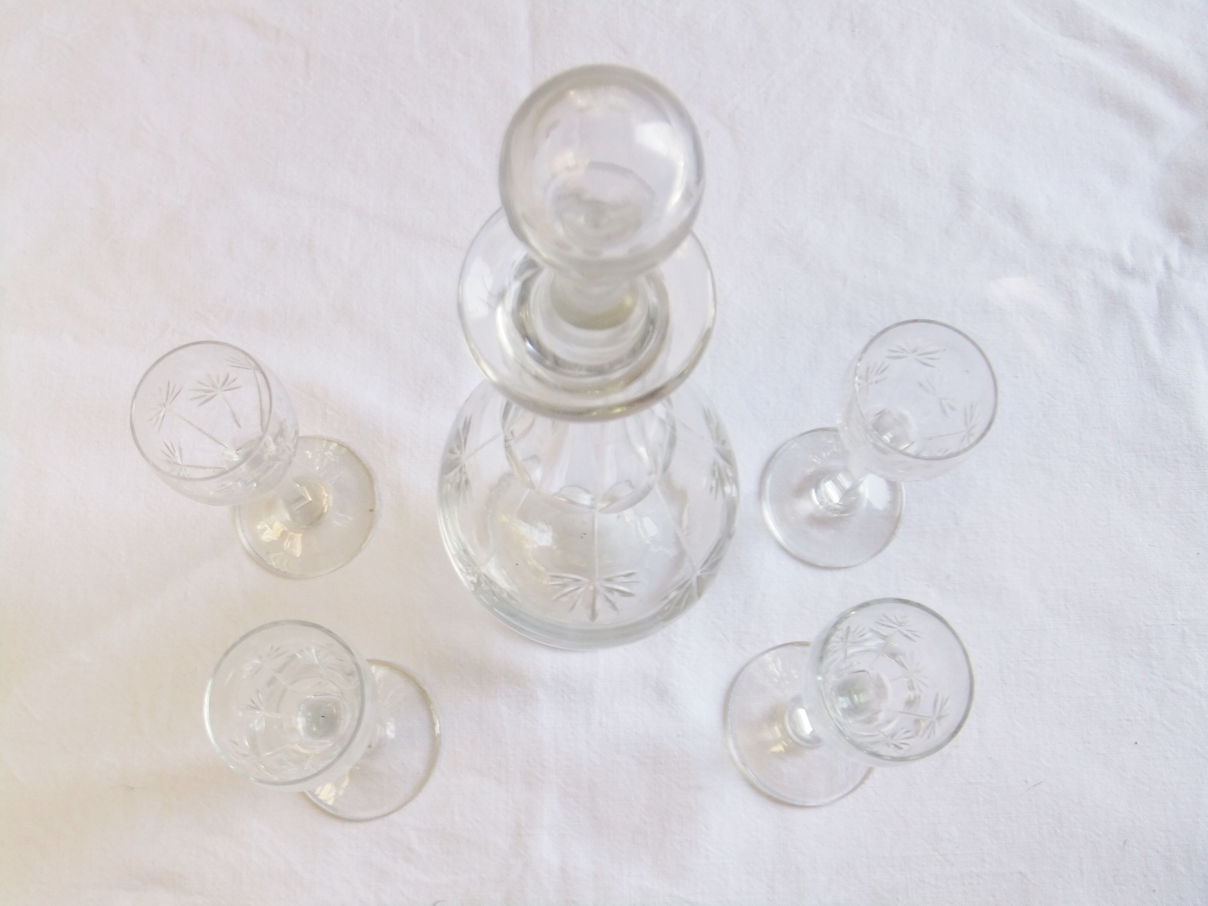 Bohemian crystal liqueur service Baccarat St Louis carafe glasses signed by an anchor
