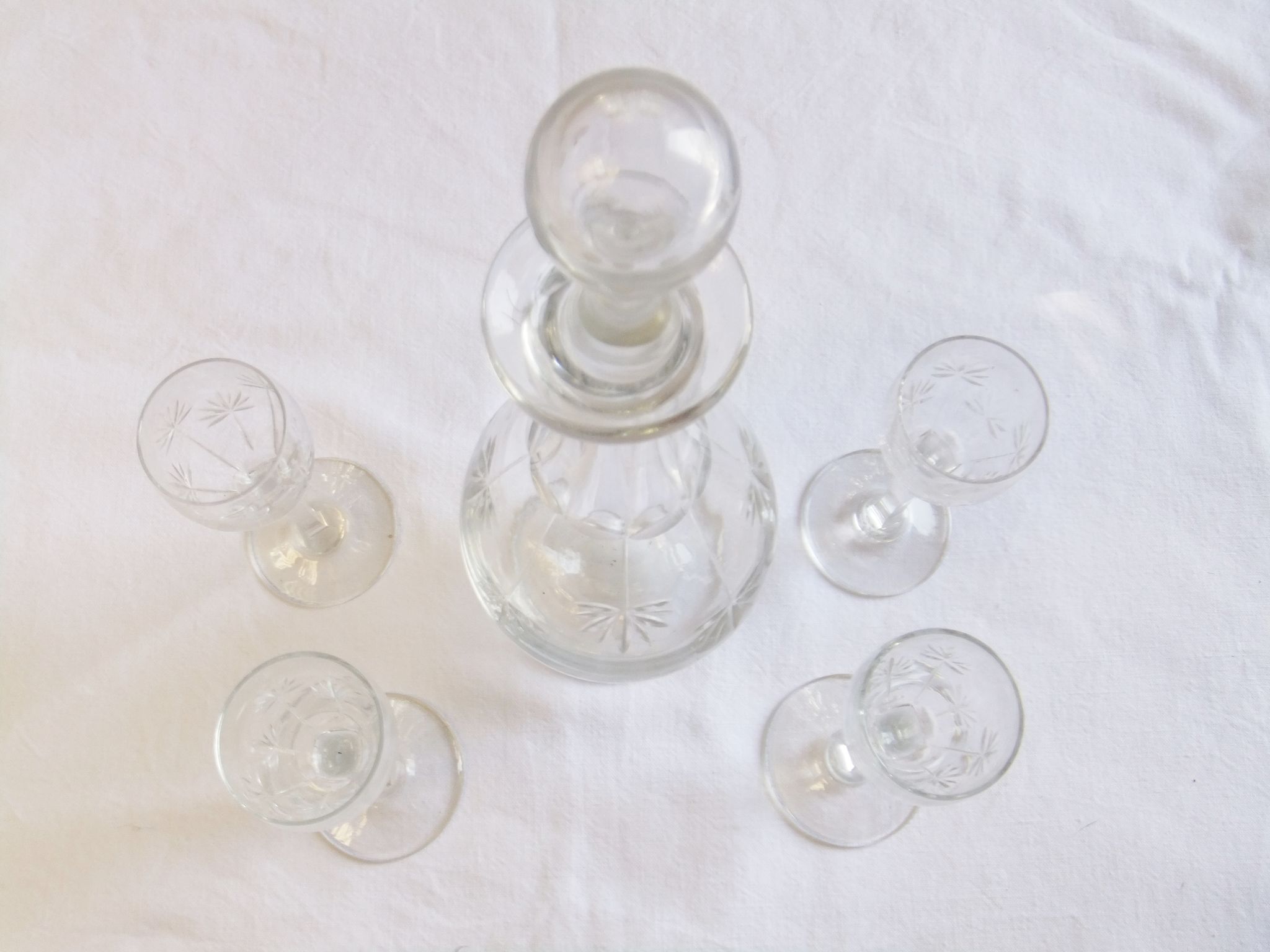 Bohemian crystal liqueur service Baccarat St Louis carafe glasses signed by an anchor