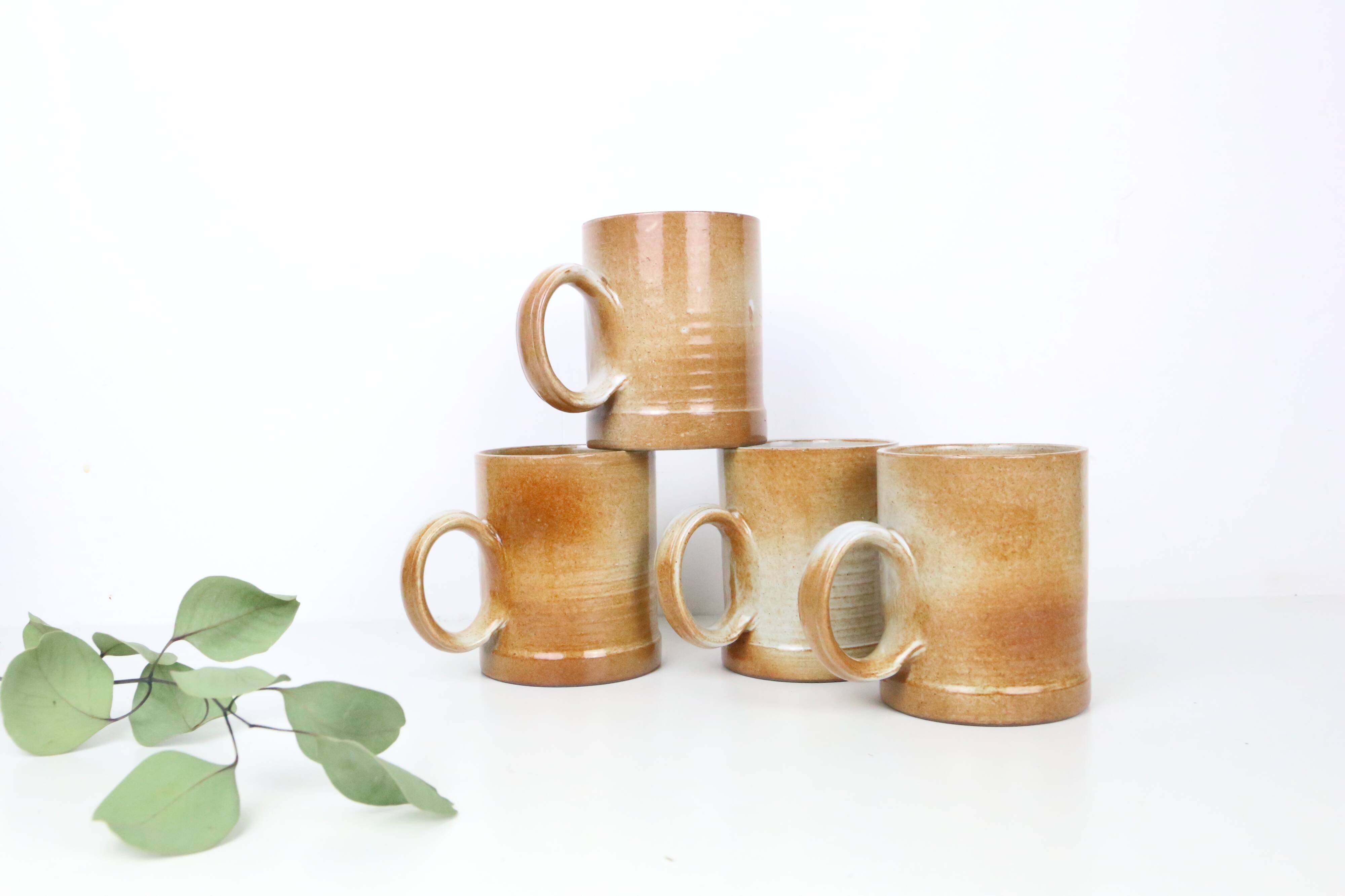 Set of 4 stoneware mugs, artisanal pottery, 1980