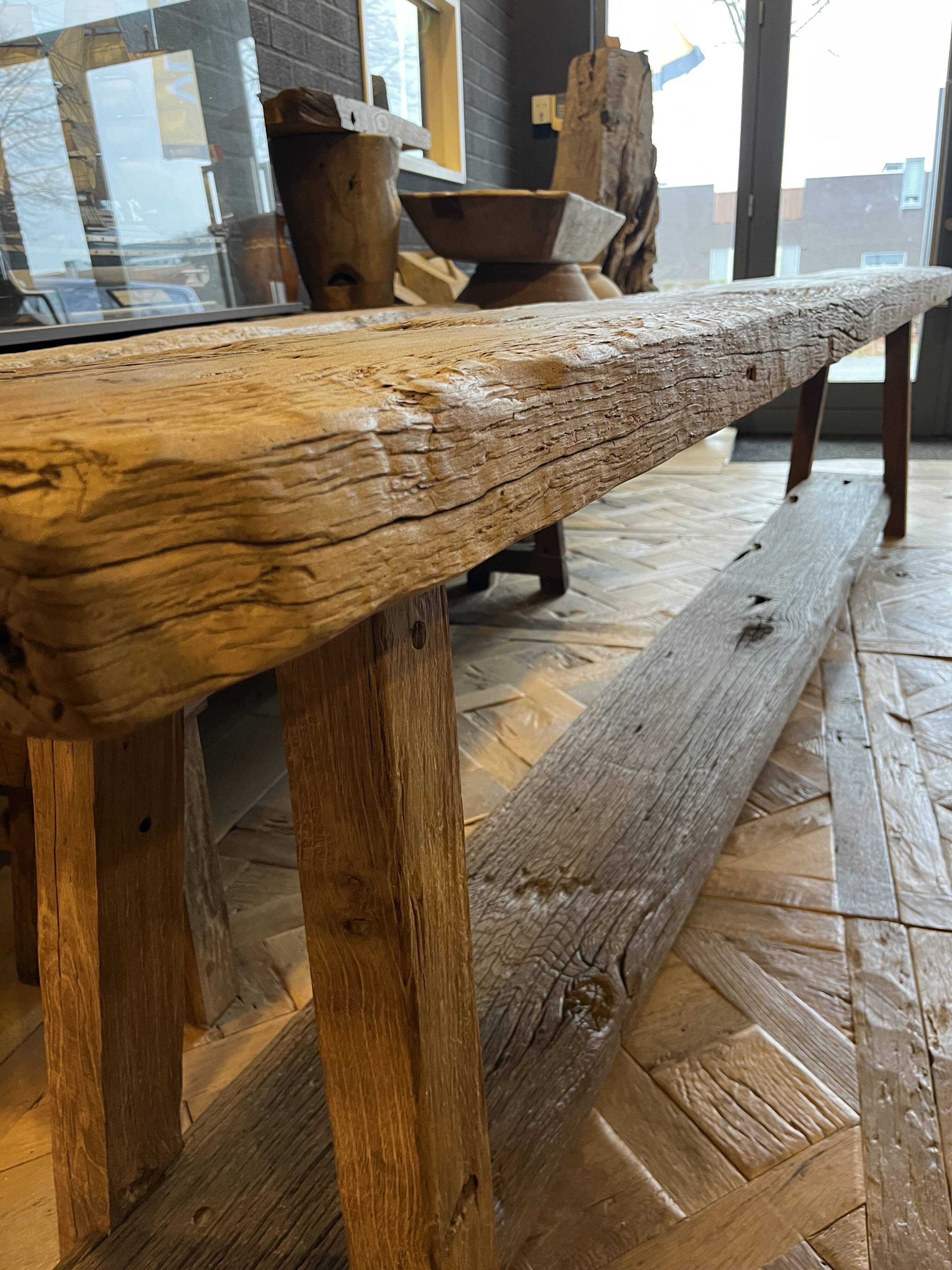 Tall console table in solid antique oak - 335cm long
