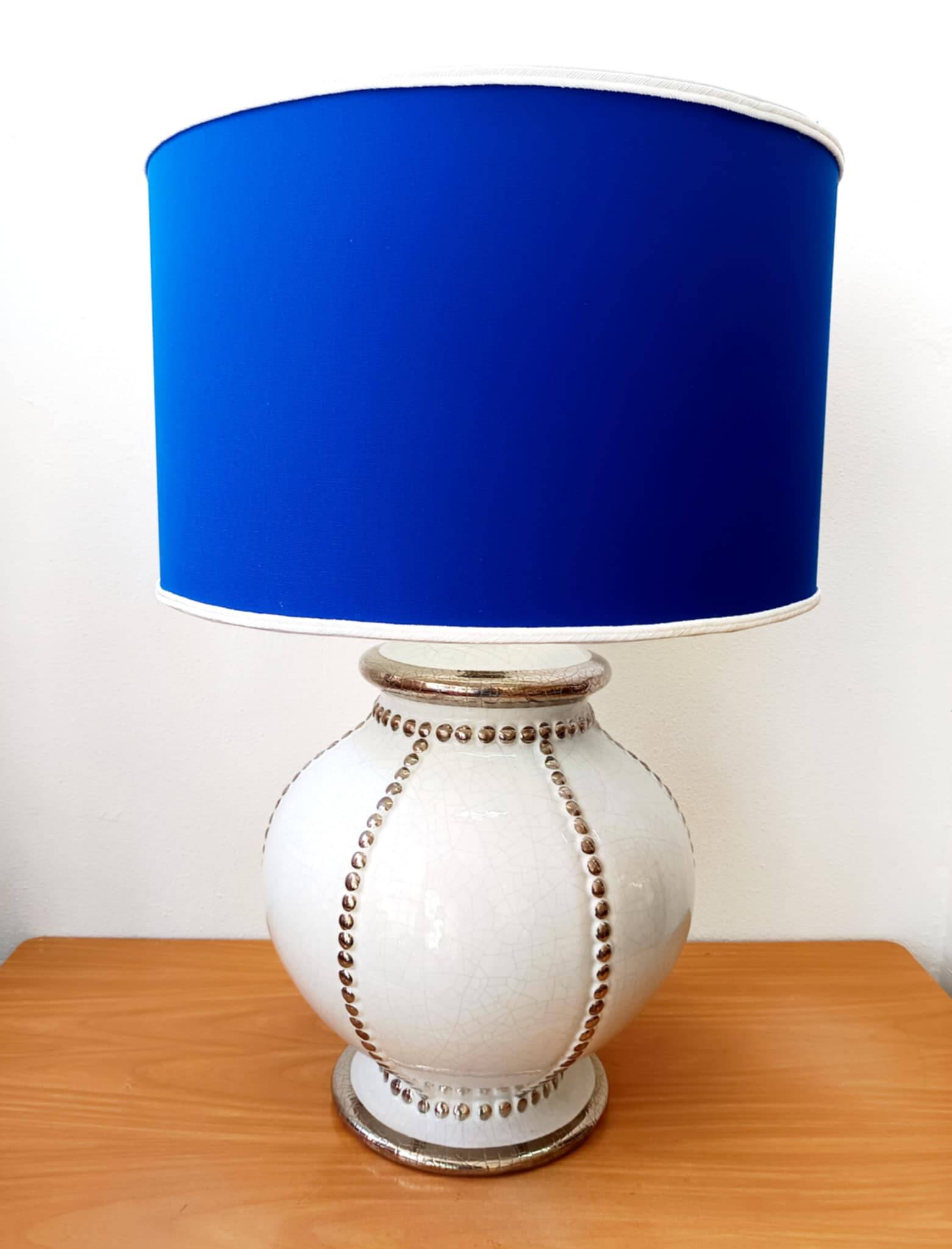 Longwy faience lamp with custom blue shade