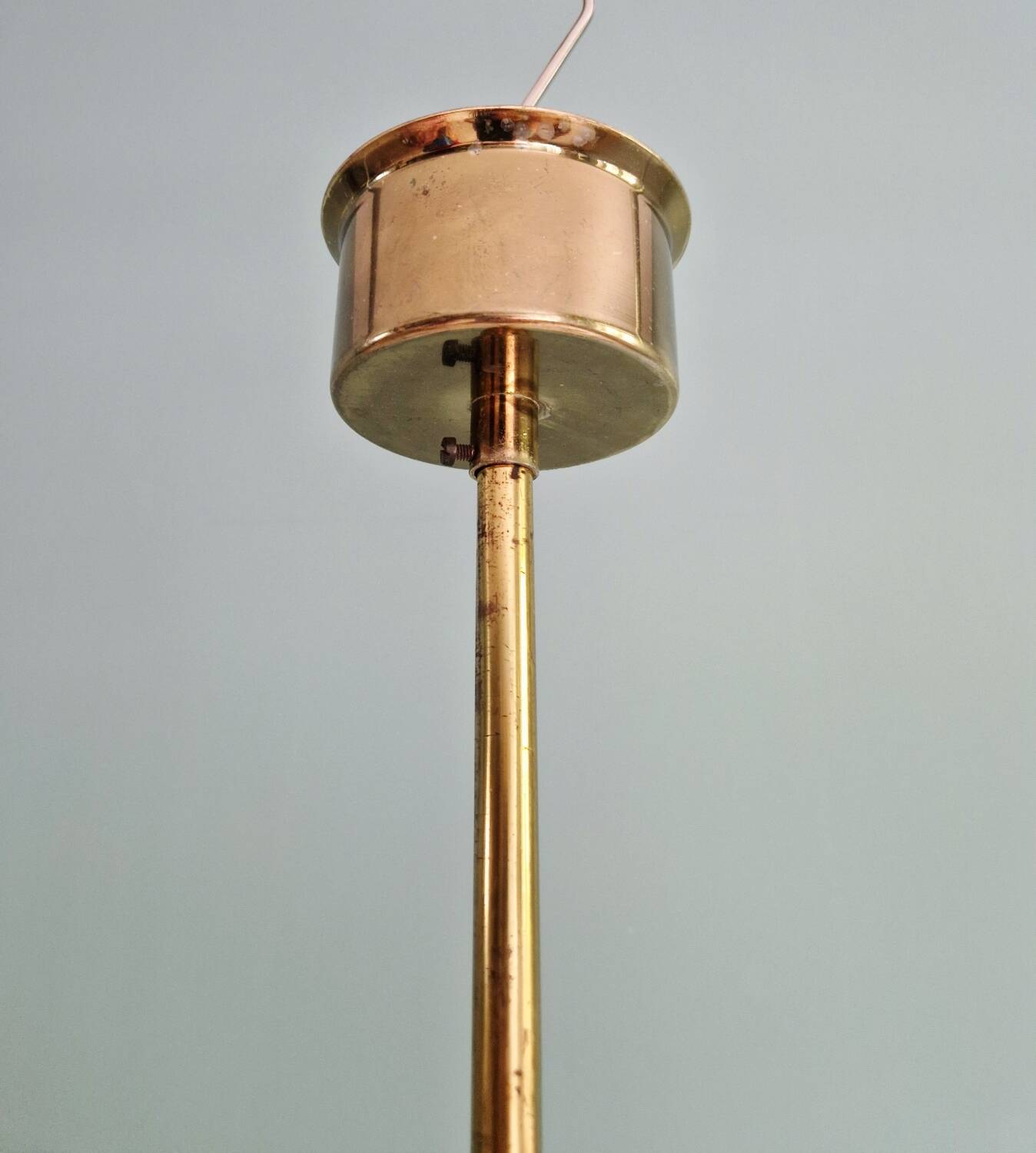 Large designer chandelier in brass and smoked glass globes, 1970s