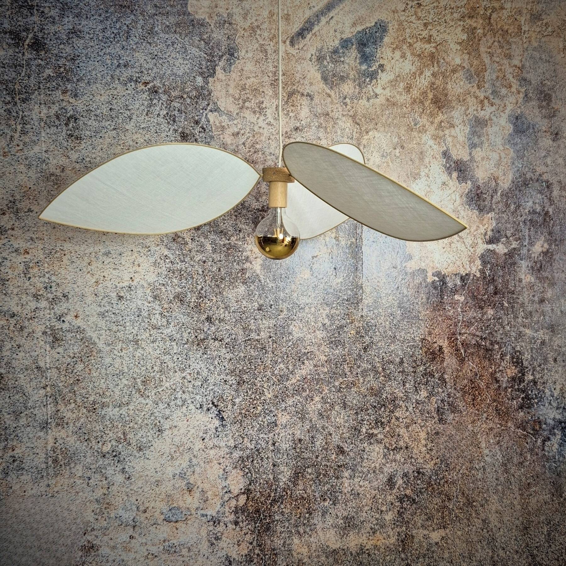 Aerial suspension, 3 petals in metal and white linen