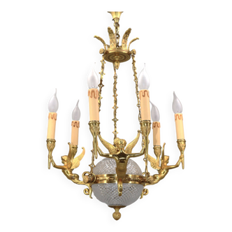 Lustre en bronze massif de style empire/directoire lucien gau en cristal taillé & angelots