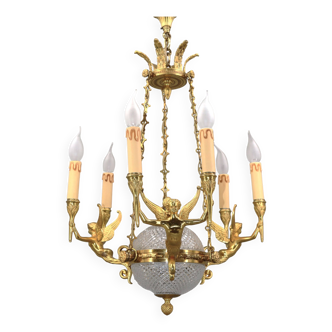 Empire/directoire style solid bronze chandelier lucien gau in cut crystal & cherubs