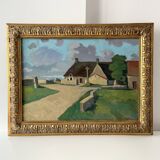 Large oil on panel of a Breton landscape 1950, antique painting signed.