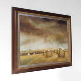 Large signed painting of a hay landscape from the Belgian painter Frank Bog