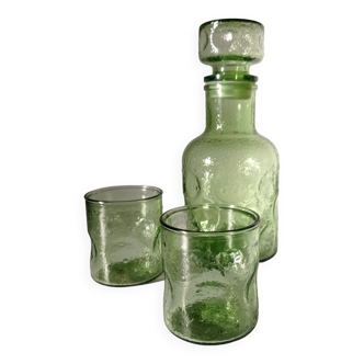 Bouteille verre bullé et 2 gobelets assortis