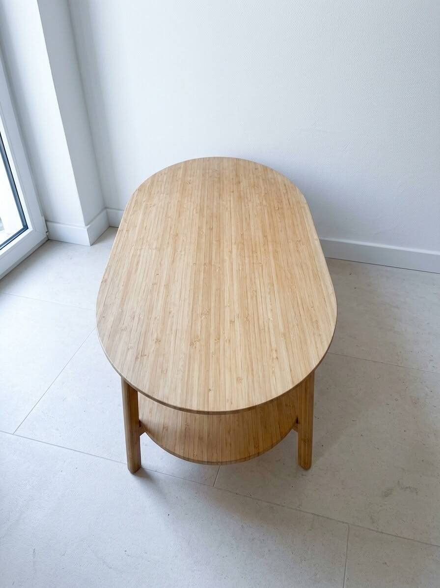 Oval bamboo coffee table - Japandi / Scandinavian design - 2 beige tops